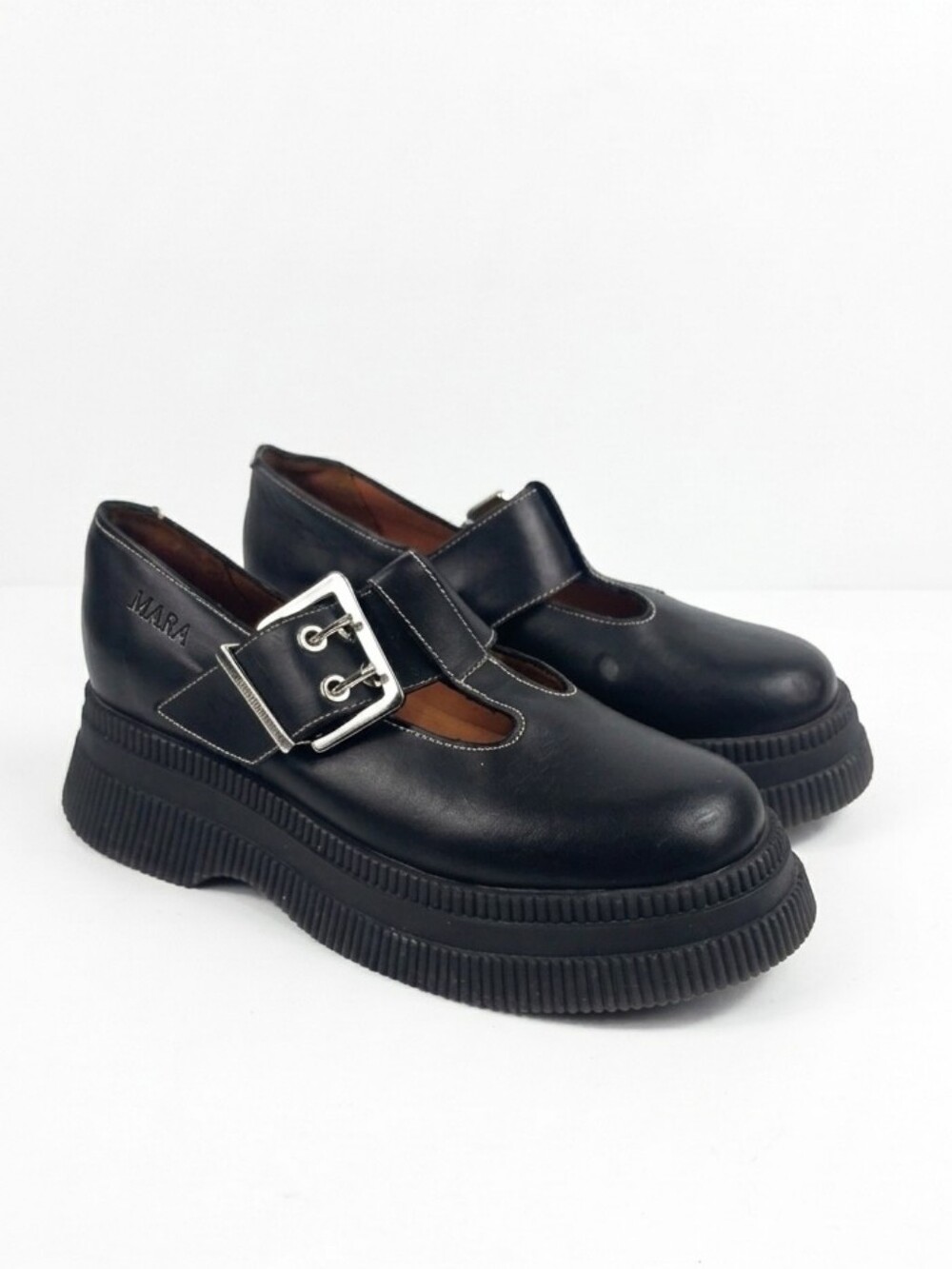 Ganni T-Strap Black Leather Platform Women's Shoes Size EU 40 -US 10